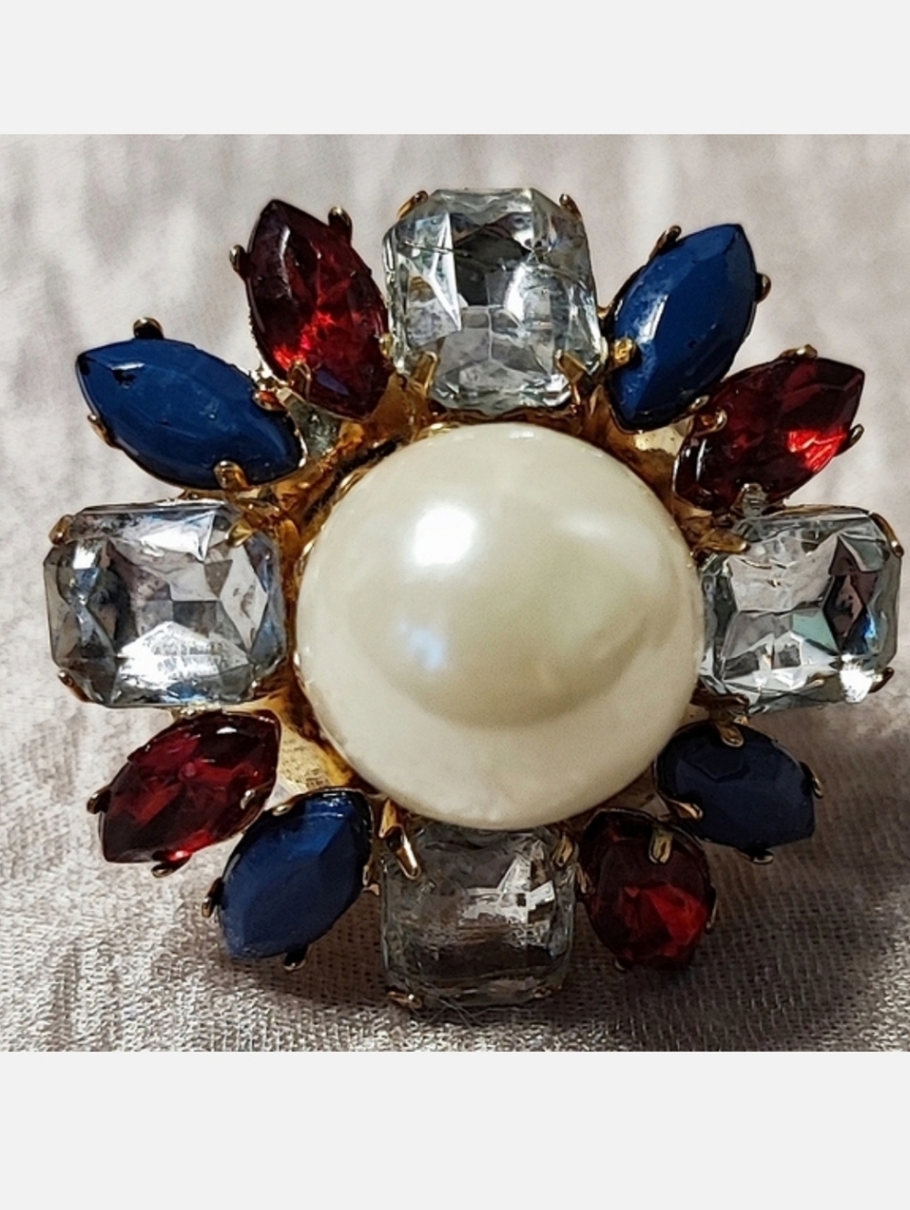 SCAASI CN Clear Rhinestone Red Blue Gold Tone Large Faux Pearl Cocktail Ring 9